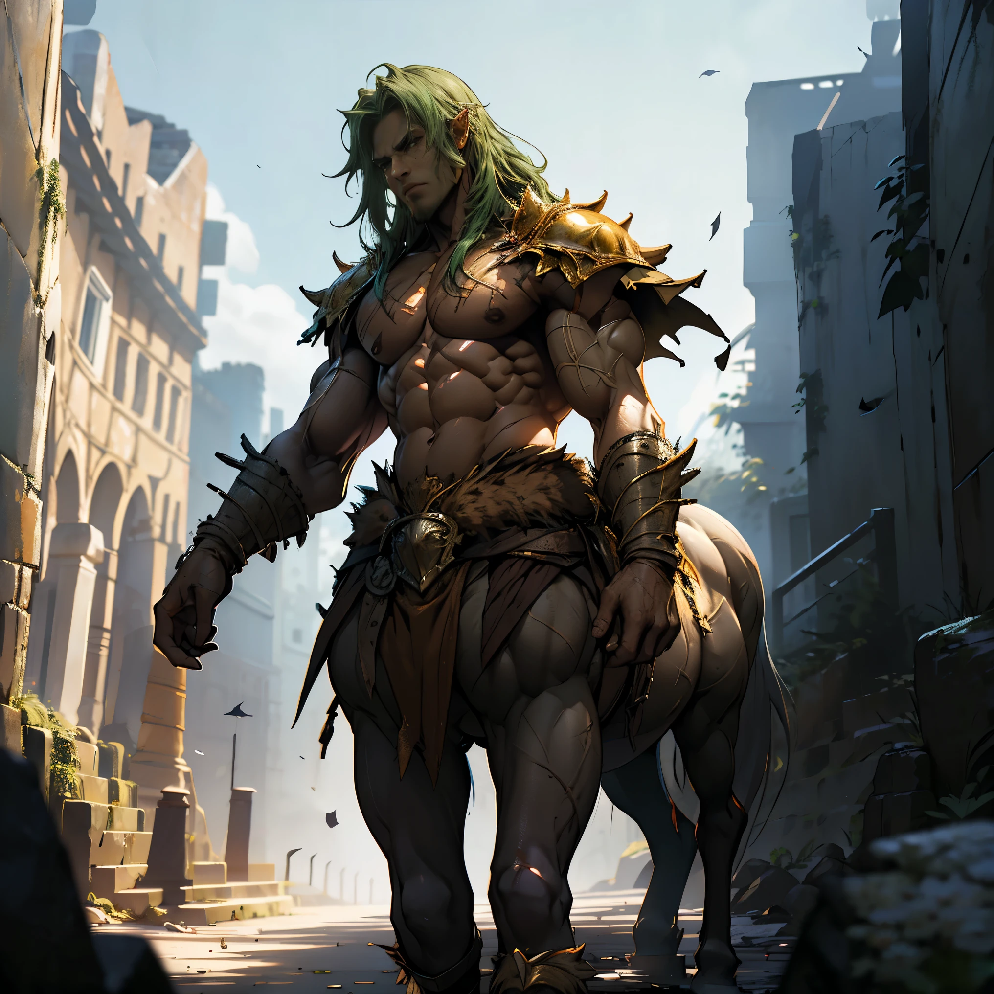 powerful gladiator, bare chest, lower body revealed from thighs to feet, detailed muscular physique, Realistic representation, 4k resolution. bottom: Colosseum during a spectacular sunset,32k UHD, Best Quality, masterpiece, Super detail, detalles highs, Highly detailed, full-color, full-length photograph of a centaur.:1.2, 1 chico, standing, high, short green hair, hooves, 4 legs, breastplate, gauntlets, realist, depth of field, photorealist,