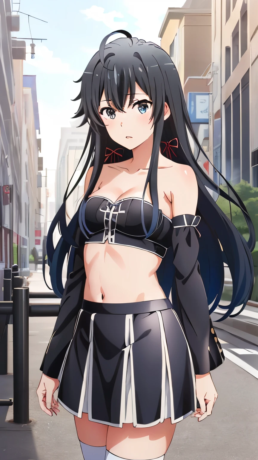 (masterpiece, best quality, highres, 8k:1.2), (anime), yukino, long hair, ahoge, Small medium breast, hair ribbon, (tube top, cleavage, underbust, purple tube top, strapless, belly button, midriff, mini skirt, bare shoulders, detachable sleeves, white knee socks, city), Cowboy shot, looking at viewer,