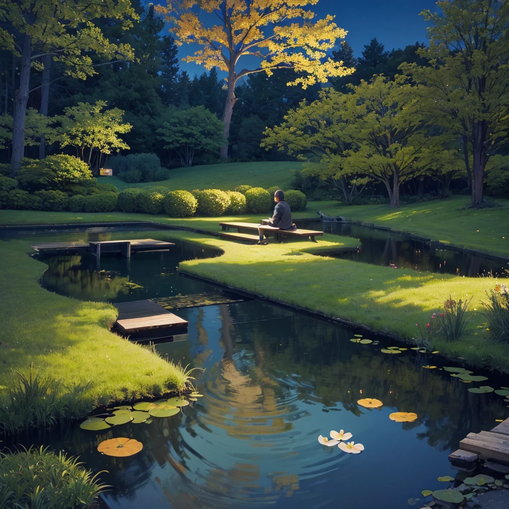 Small pond, night, bench, man in a sweatshirt, from the back, darkness, Beautiful, melancholy, Shadow, beautiful view, compact