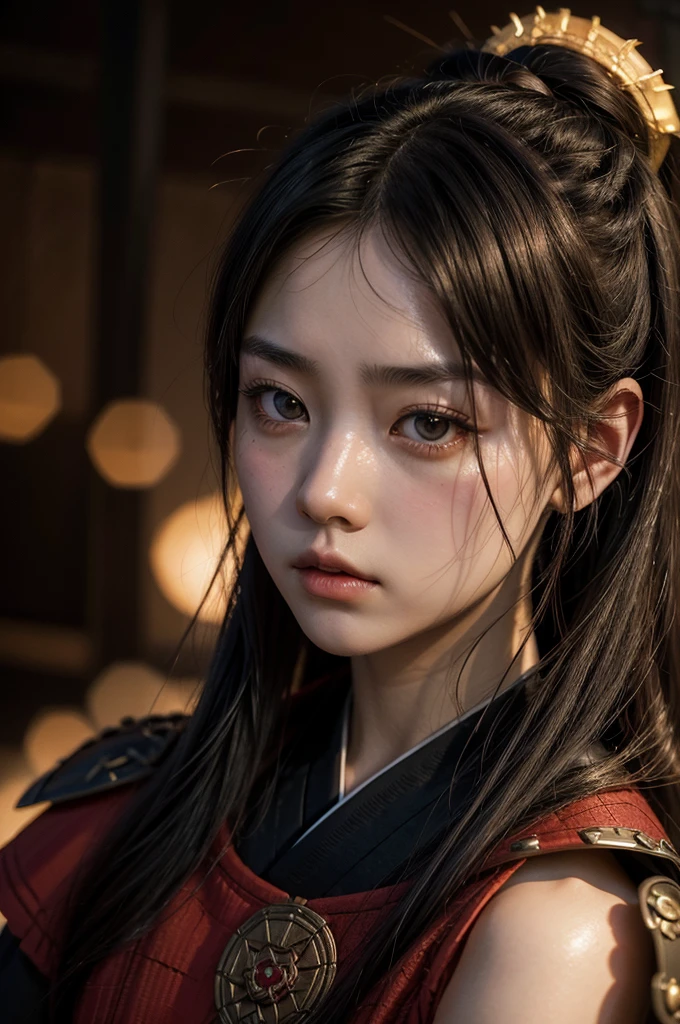 samurai girl, in the style of hyper realism, atmospheric impressionism, darkly romantic realism, pre-raphaelite realism, grainy, artistic portrait photos, soft-focused realism, intense eyes, fire effect, Red traditional Asia lights in the sky, dragon symbol on the armor