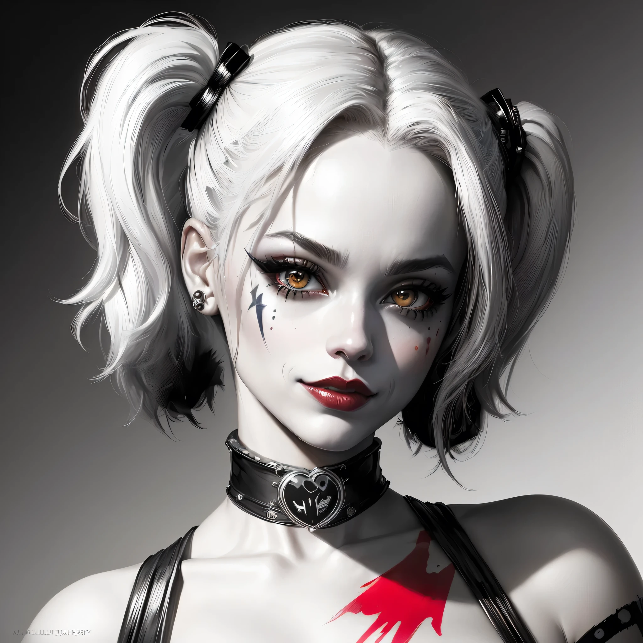 a close up of a woman, portrait of harley quinn, of harley quinn, harley quinn, harley queen, extremely detailed artgerm, artgerm greg rutkowski _ greg, in the style artgerm, artgerm portrait, artgerm art, ig model | artgerm, artgerm moody photography