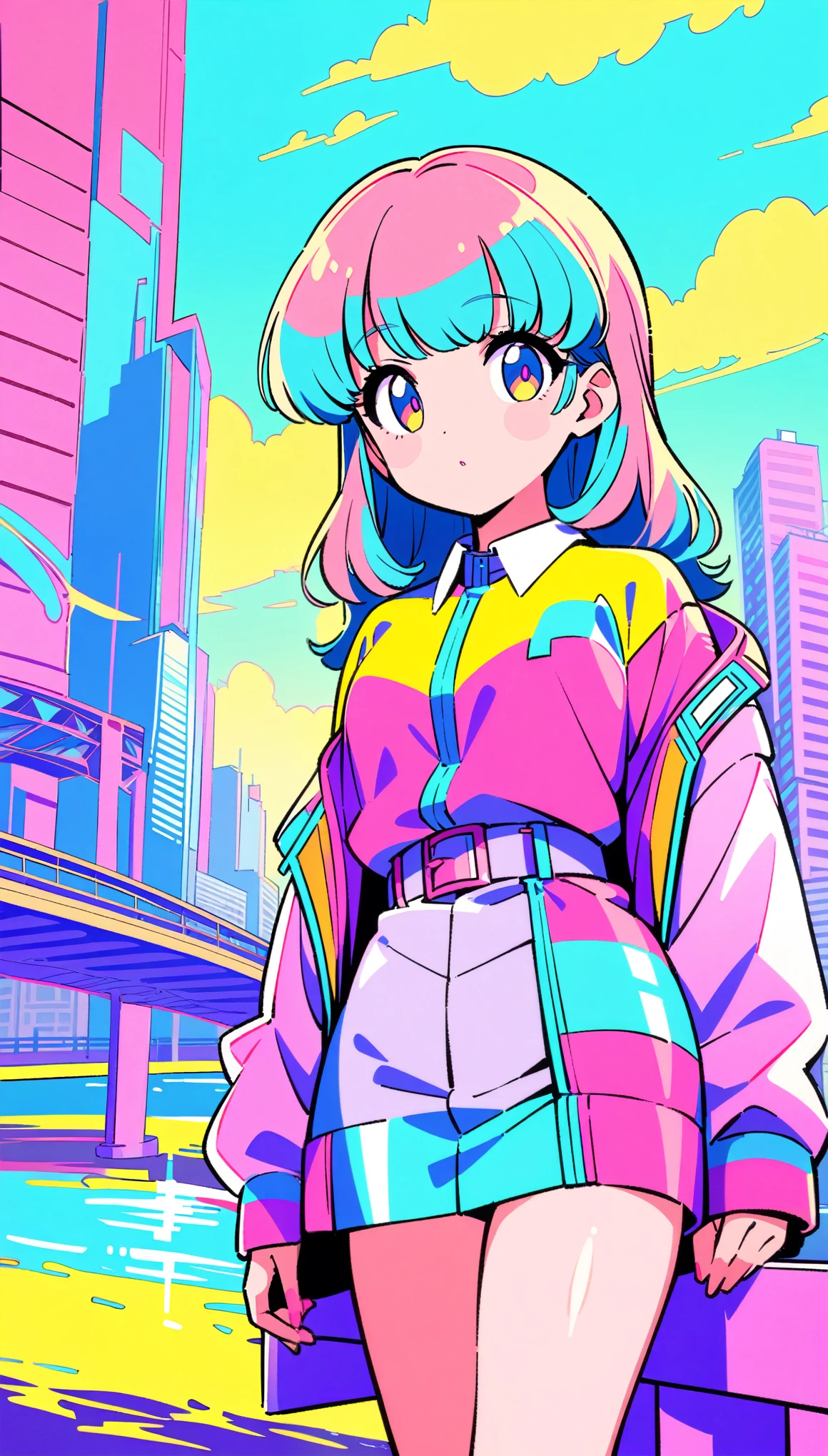 masterpiece, Highest quality, Beautiful attention to detail, Very detailed, In detail, High resolution, Perfect Anatomy, colorful, pastel colour, One girl, alone, (City pop illustrations), (City Pop Art), Simple Background, Retro Style, (Vaporwave City Pop), (1980s City Pop), (City Pop Anime), (river, bridge), Retro Style, 1980s Fashion, Cowboy Shot,