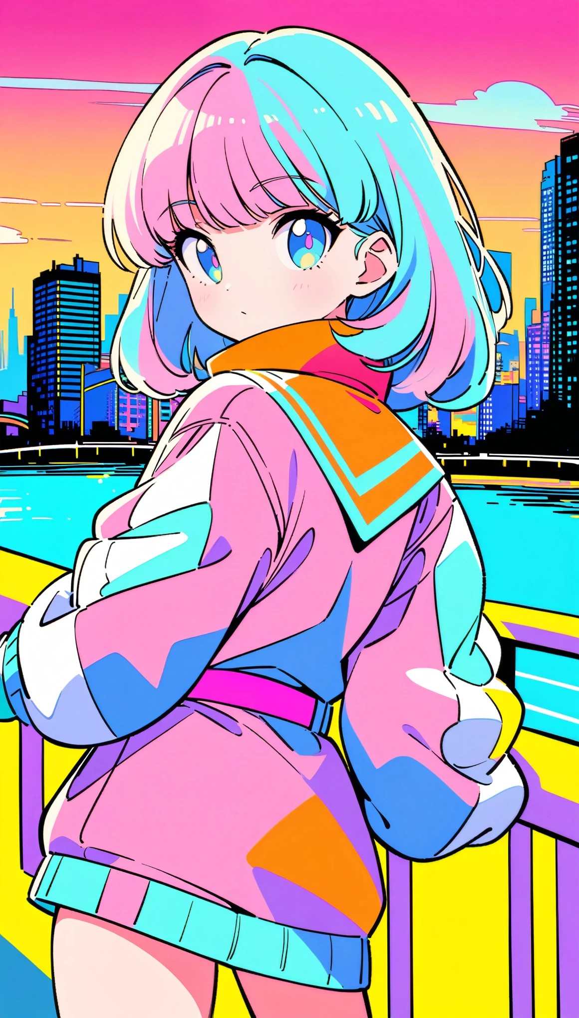 masterpiece, Highest quality, Beautiful attention to detail, Very detailed, In detail, High resolution, Perfect Anatomy, colorful, pastel colour, One girl, alone, (City pop illustrations), (City Pop Art), Simple Background, Retro Style, (Vaporwave City Pop), (1980s City Pop), (City Pop Anime), (river, bridge), Retro Style, 1980s Fashion, Cowboy Shot,