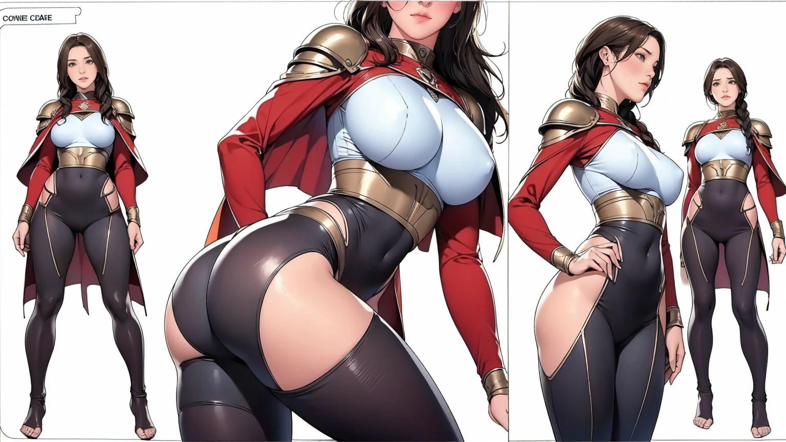 Detailed character sheet, Front view, Side view, Oblique view, with a white returnground, show women, 30 years old, with short dark brown hair combed return, 1 female warrior, Wavy Cape, long flowing hair, Swordsman Style, Light Armor, (Earth-toned long leggings), Slim figure, Toned thighs, Tight round ass, Low angle shot, From below, The seat includes different angles, Front desk etc.., return, and Side views, Model and Reference Sheets, Full body painting. The ratio is based on 7.5 Head Scale.