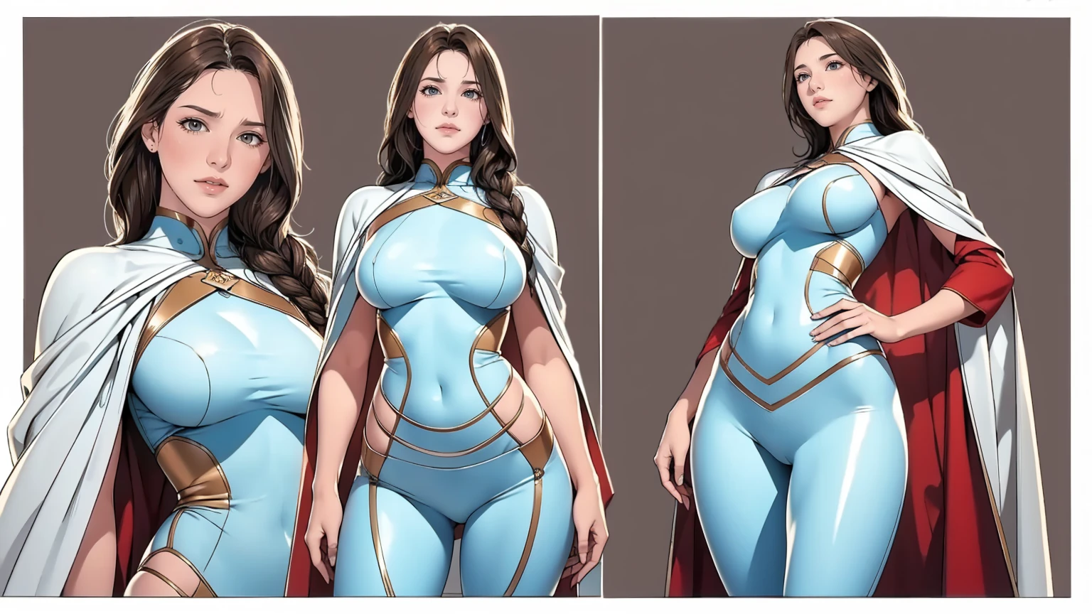 Detailed character sheet, Front view, Side view, Oblique view, with a white returnground, show women, 30 years old, with short dark brown hair combed return, 1 female warrior, Wavy Cape, long flowing hair, Swordsman Style, Light Armor, (Earth-toned long leggings), Slim figure, Toned thighs, Tight round ass, Low angle shot, From below, The seat includes different angles, Front desk etc.., return, and Side views, Model and Reference Sheets, Full body painting. The ratio is based on 7.5 Head Scale.