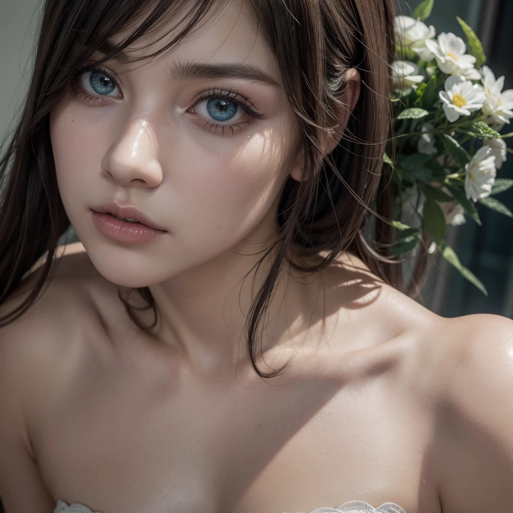 beautiful detailed eyes, beautiful detailed lips, extremely detailed eyes and face, long eyelashes, 1girl, realistic, photo-realistic, photorealistic, hyper detailed, extremely detailed, 8k, best quality, highres, masterpiece, vivid colors, intricate details, perfect anatomy, hourglass figure, slender white girl, black lingerie, turquoise hair, short hair, bangs, seductive, large breasts