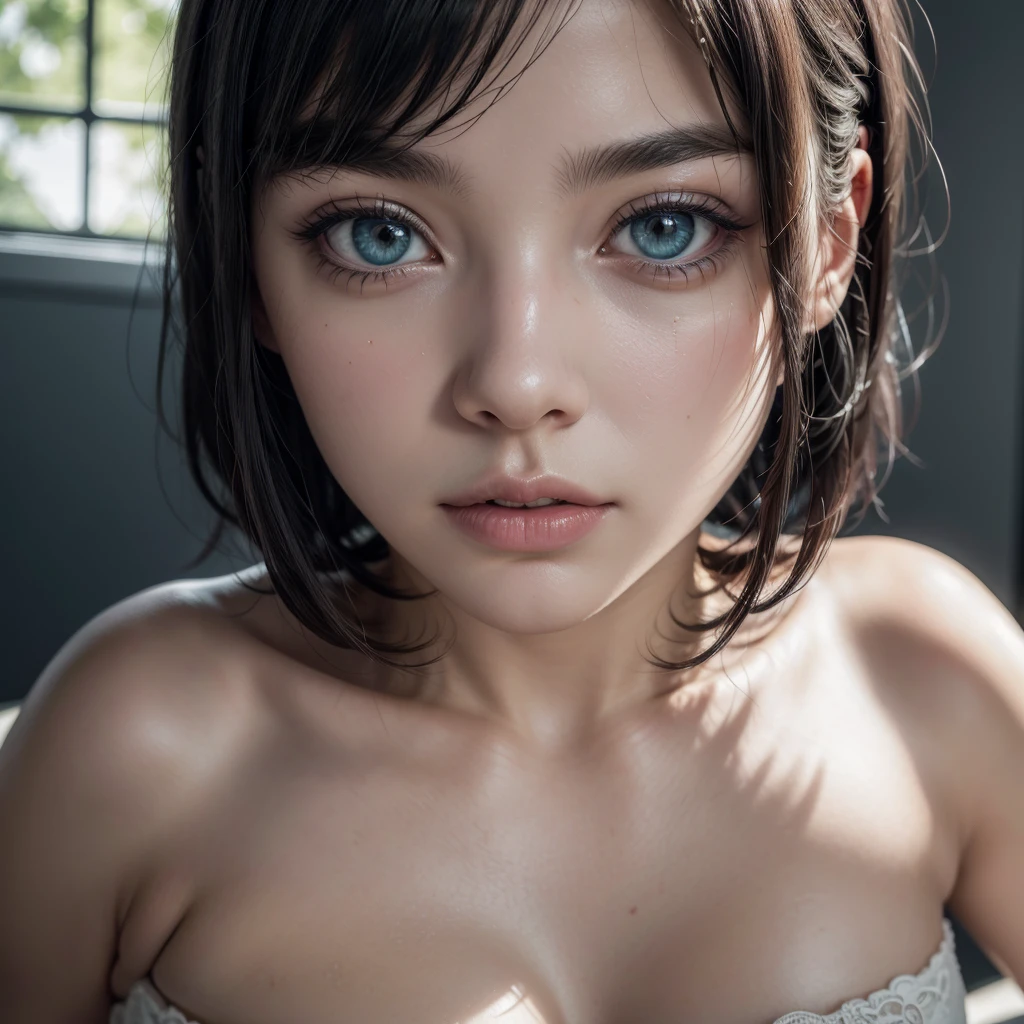 beautiful detailed eyes, beautiful detailed lips, extremely detailed eyes and face, long eyelashes, 1girl, realistic, photo-realistic, photorealistic, hyper detailed, extremely detailed, 8k, best quality, highres, masterpiece, vivid colors, intricate details, perfect anatomy, hourglass figure, slender white girl, black lingerie, turquoise hair, short hair, bangs, seductive, large breasts