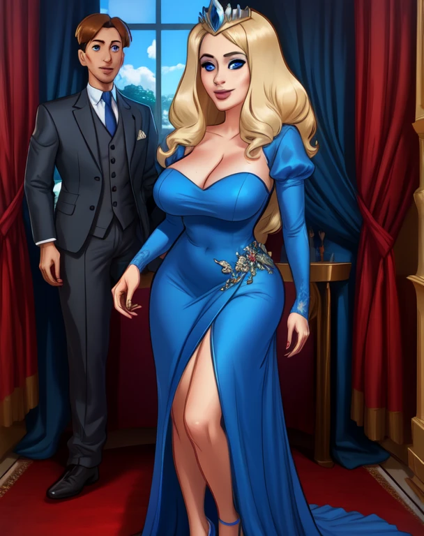 1girl,Scandinavian, 26 yo, princess,pale skin, blue eyes,long hair,hair bun,blonde hair,
silver tiara, blue dress, blue heels
big breasts,cleavage,smiling,
royal palace,
standing,
(insanely detailed, beautiful detailed face, masterpiece, best quality) solo,