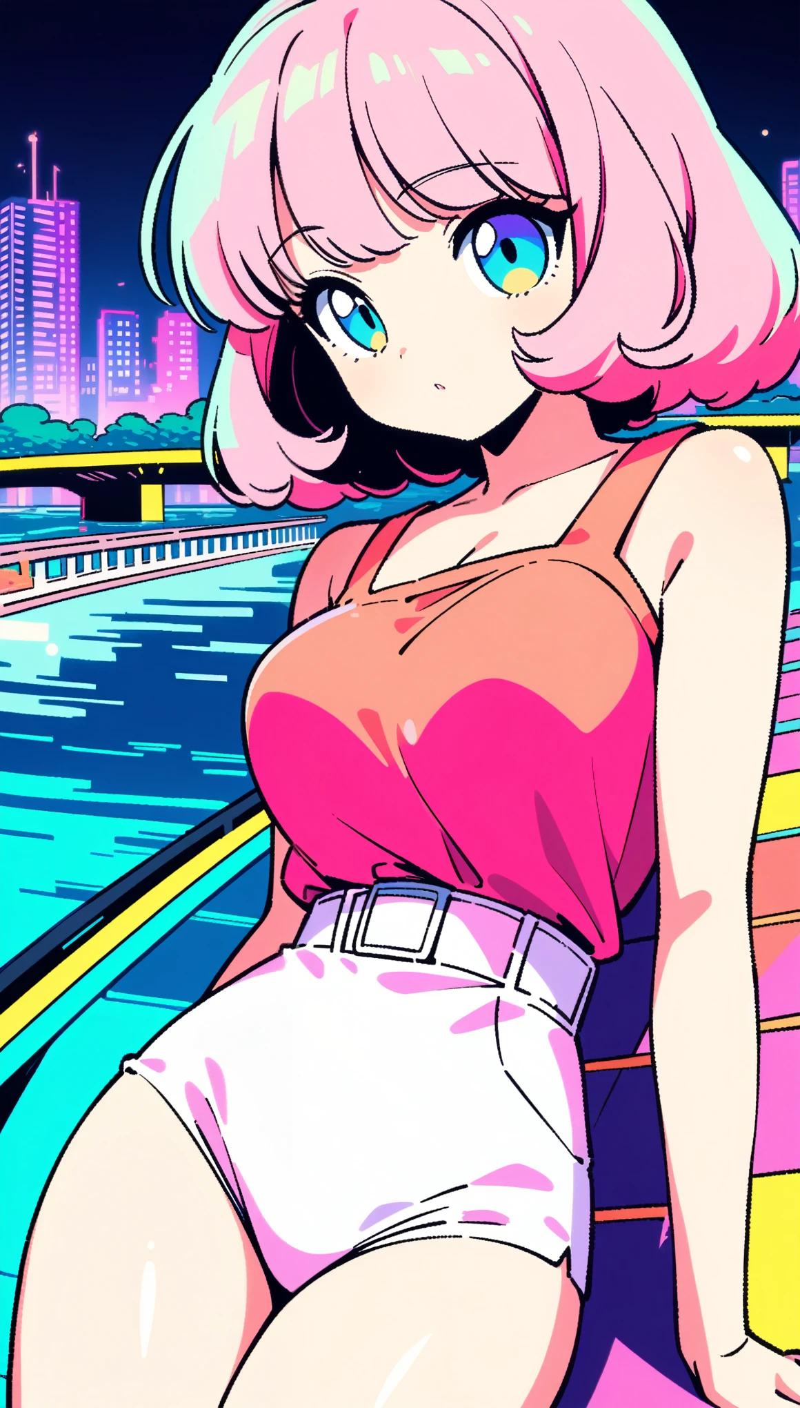 masterpiece, Highest quality, Beautiful attention to detail, Very detailed, In detail, High resolution, Perfect Anatomy, colorful, pastel colour, One girl, alone, (City pop illustrations), (City Pop Art), Simple Background, Retro Style, (Vaporwave City Pop), (1980s City Pop), (City Pop Anime), (river, bridge), Retro Style, 1980s Fashion, Cowboy Shot,