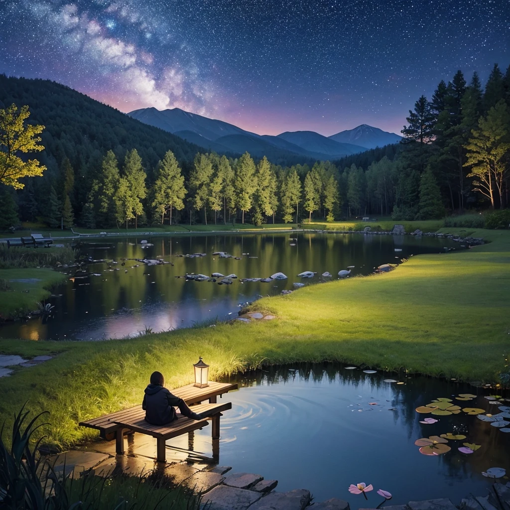 Small pond, night, bench, man in a sweatshirt, from the back, darkness, Beautiful, melancholy, Shadow, beautiful view, compact, view next to a person, Night time, starry sky, beautiful moon