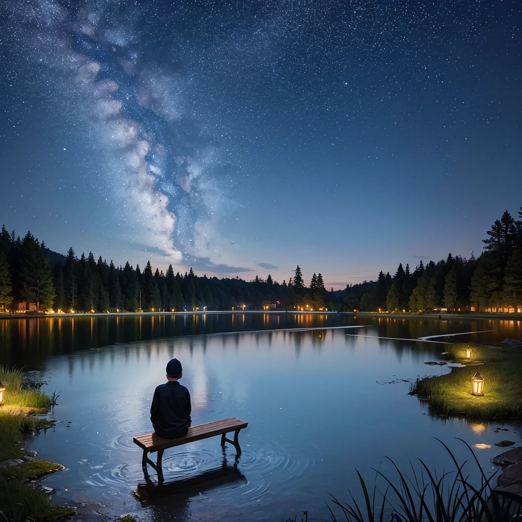 Small pond, night, bench, man in a sweatshirt, from the back, darkness, Beautiful, melancholy, Shadow, beautiful view, compact, view next to a person, Night time, starry sky, beautiful moon 