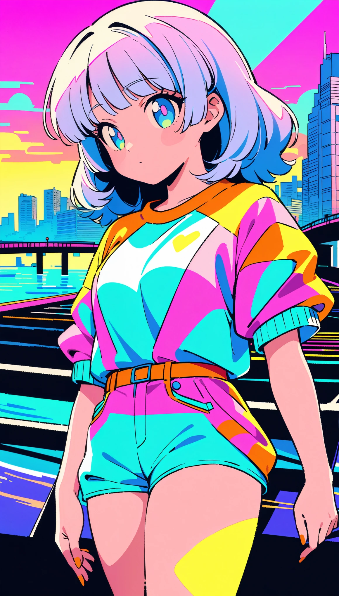 masterpiece, Highest quality, Beautiful attention to detail, Very detailed, In detail, High resolution, Perfect Anatomy, colorful, pastel colour, One girl, alone, (City pop illustrations), (City Pop Art), Simple Background, Retro Style, (Vaporwave City Pop), (1980s City Pop), (City Pop Anime), (river, bridge), Retro Style, 1980s Fashion, Cowboy Shot,