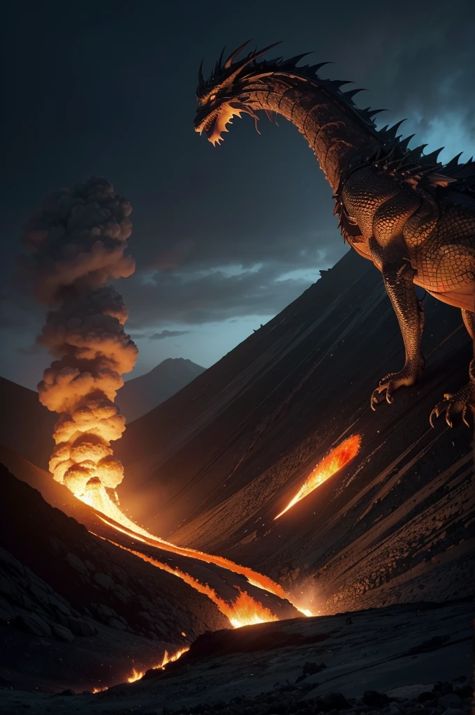 A Dragon Emerging from a Volcano with lava flowing all over it body instead of blood with temperatures hotter than lava. The ground breaks on where the dragon stands with lava flowing around it. The wings spread ready to fly burning hotter than the sun. The inside of its mouth burns like fire as the dragon roars. Another Similar Dragon flies in the background breathing fire on a Mountain as a Volcano Erupts in the far corner. Hyper Realistic. AMOLED.