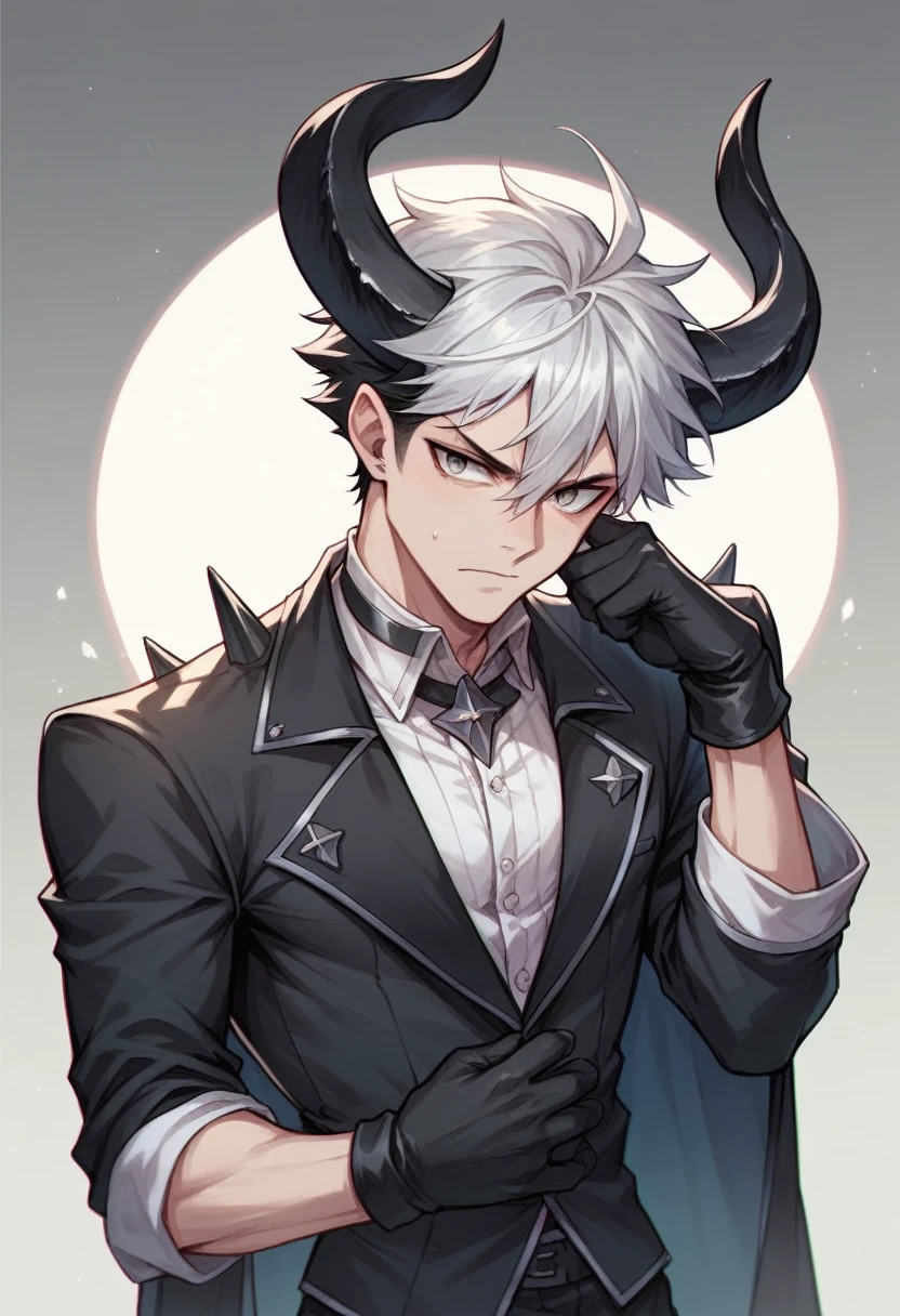 アニメ, best qualityer, white man, short skinny, White hair with a black streak, black horn, darkcore black clothes with iron spikes and black gloves,black dragon wing 