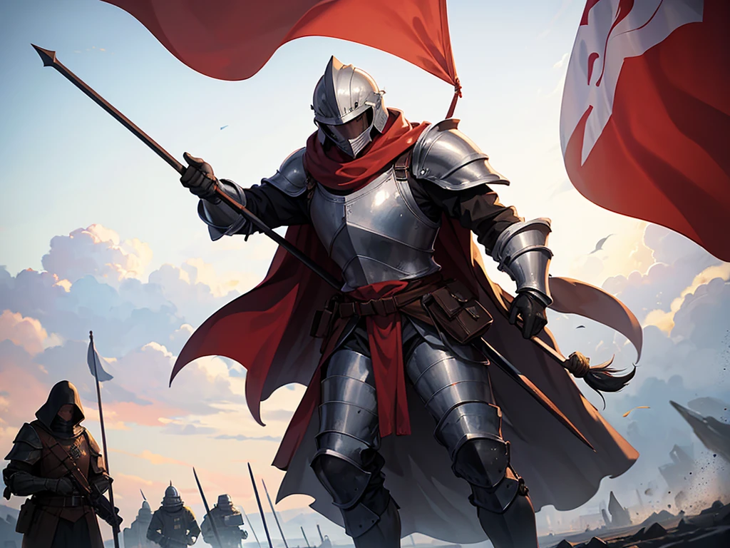 Man in heavy armor, Closed helmet, cloak, flag, army in the background, overall plan, many soldiers in heavy armor and helmets with spears in their hands
