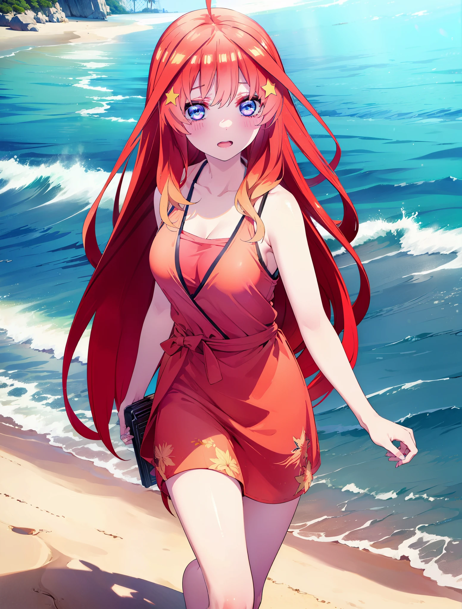 itsukinakano, Itsuki Nakano, bangs, blue eyes, Hair between the eyes, Ahoge, Redhead, star \(symbol\), hair ornaments, star hair ornamentsにっこり, smile, Open your mouth,Red Bikini,Bare Belly,A light red blanket is wrapped around his waist.,barefoot, (Beach salon), Big Breasts,((salon)), Heeled Sandals,Strolling on the sandy beach,Beach outfit,Real Summer,Palm tree,whole bodyがイラストに入るように,
break outdoors, Beach,
break looking at viewer, whole body,
break (masterpiece:1.2), Highest quality, High resolution, unity 8k wallpaper, (shape:0.8), (Beautiful and beautiful eyes:1.6), Highly detailed face, Perfect lighting, Highly detailed CG, (Perfect hands, Perfect Anatomy),