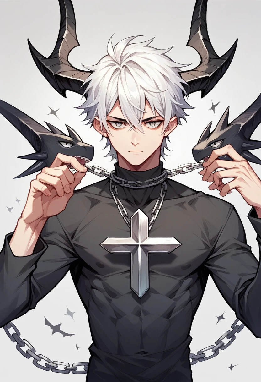 NSFW, ((​masterpiece)), ((Best Quality)), ((extremely delicate and beautiful)), ((Completely and perfect body)), (Perfect and delicate 2 hands with 5 fingers),
 ((In the church of evil at night)), ((One beautiful adult man with silver hair and red eyes is evil demon's prince)), ((((He is standing proudly and showing off his big erect penis hard)))), (evil magic circle that shines ominously purple), He is wearing a black cloak, (empty eyes, drooling, evil smile), slender, well-muscled, flat chest, He has a glowing heart-shaped magic circle tattoo on the center of his chest, (Blush with aroused), Lower half naked, His body has no pubic hair at all, Focus on character,