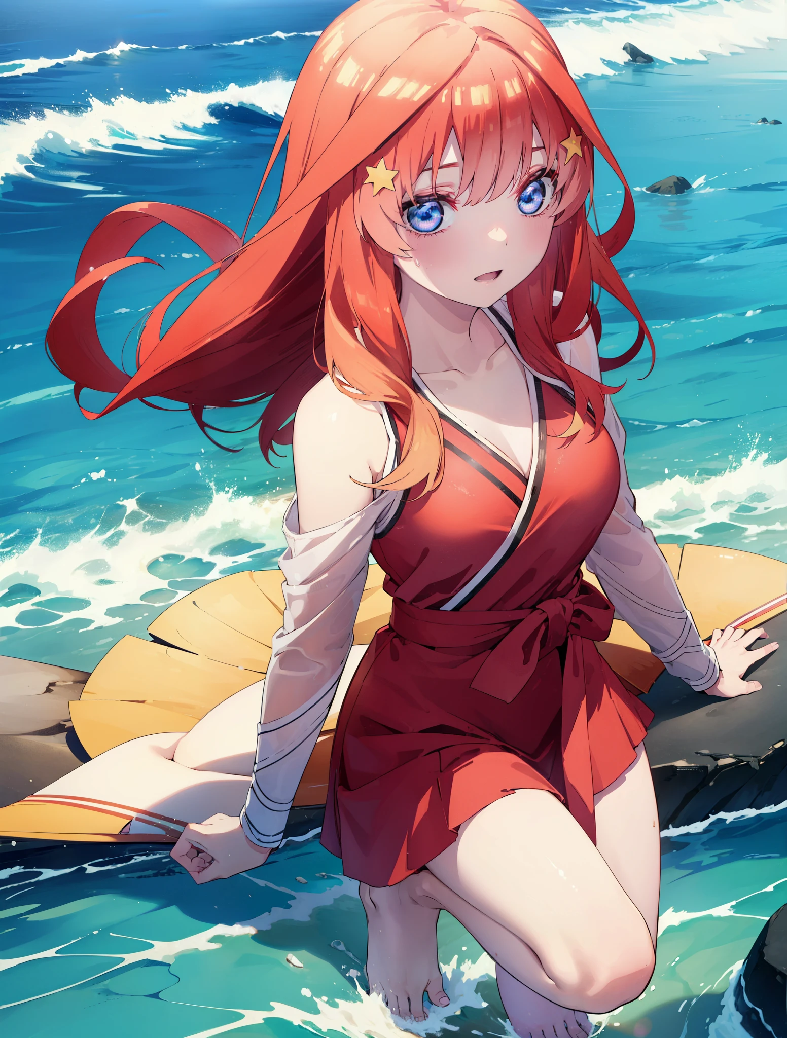 itsukinakano, Itsuki Nakano, bangs, blue eyes, Hair between the eyes, Ahoge, Redhead, star \(symbol\), hair ornaments, star hair ornamentsにっこり, smile, Open your mouth,Red Bikini,Bare Belly,A light red blanket is wrapped around his waist.,barefoot, (Beach salon),  Big Breasts,((salon)), Heeled Sandals,Strolling on the sandy beach,Beach outfit,Real Summer,Palm tree,whole bodyがイラストに入るように,
break outdoors, Beach,
break looking at viewer, whole body,
break (masterpiece:1.2), Highest quality, High resolution, unity 8k wallpaper, (shape:0.8), (Beautiful and beautiful eyes:1.6), Highly detailed face, Perfect lighting, Highly detailed CG, (Perfect hands, Perfect Anatomy),