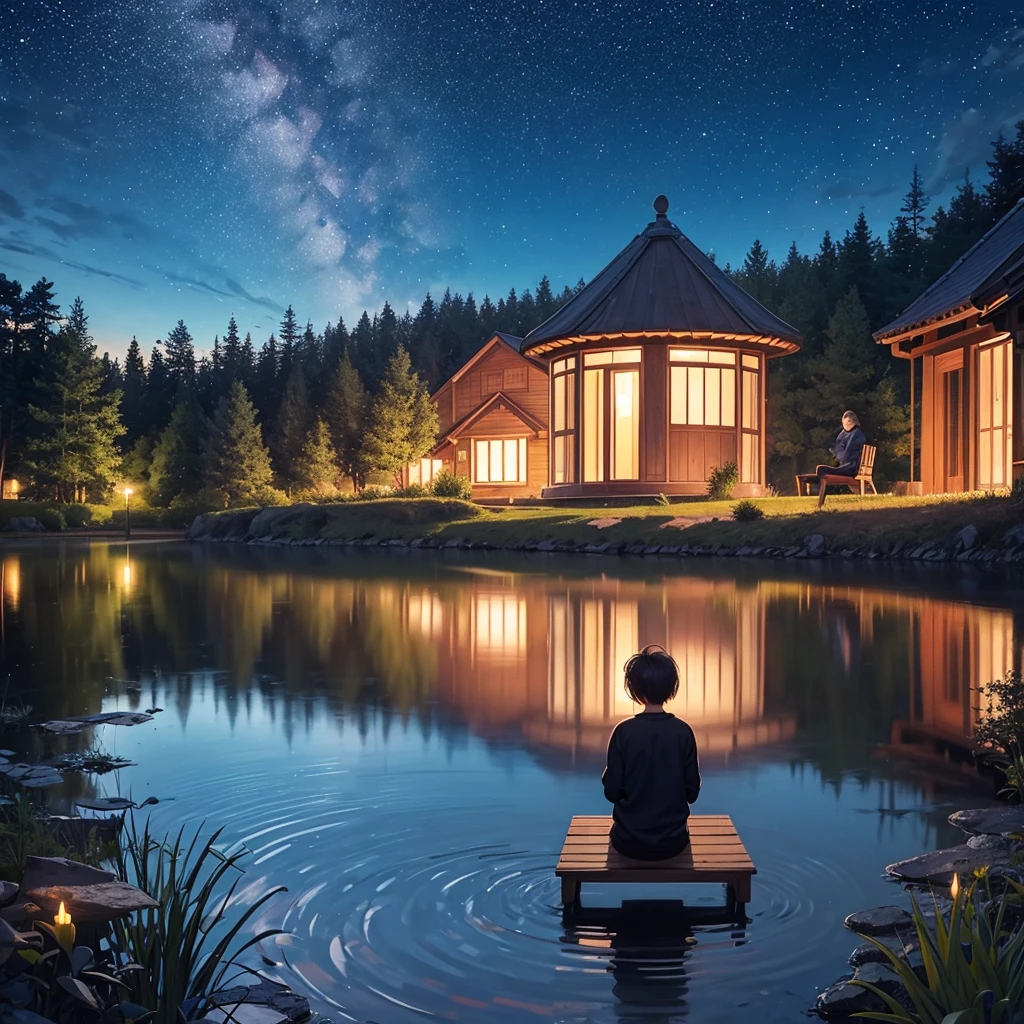Small pond, night, bench, man in a sweatshirt, from the back, darkness, Beautiful, melancholy, Shadow, beautiful view, compact, view next to a person, Night time, starry sky, beautiful moon, small field of view