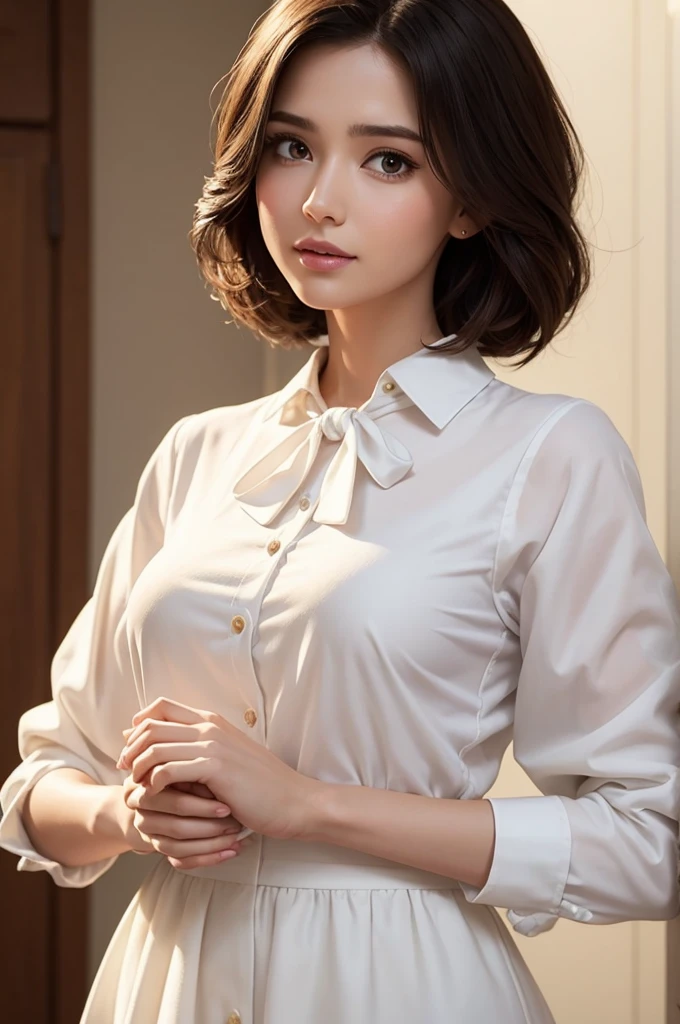Woman with a white blouse ,holding something with both hands Disney pixar cartoon style