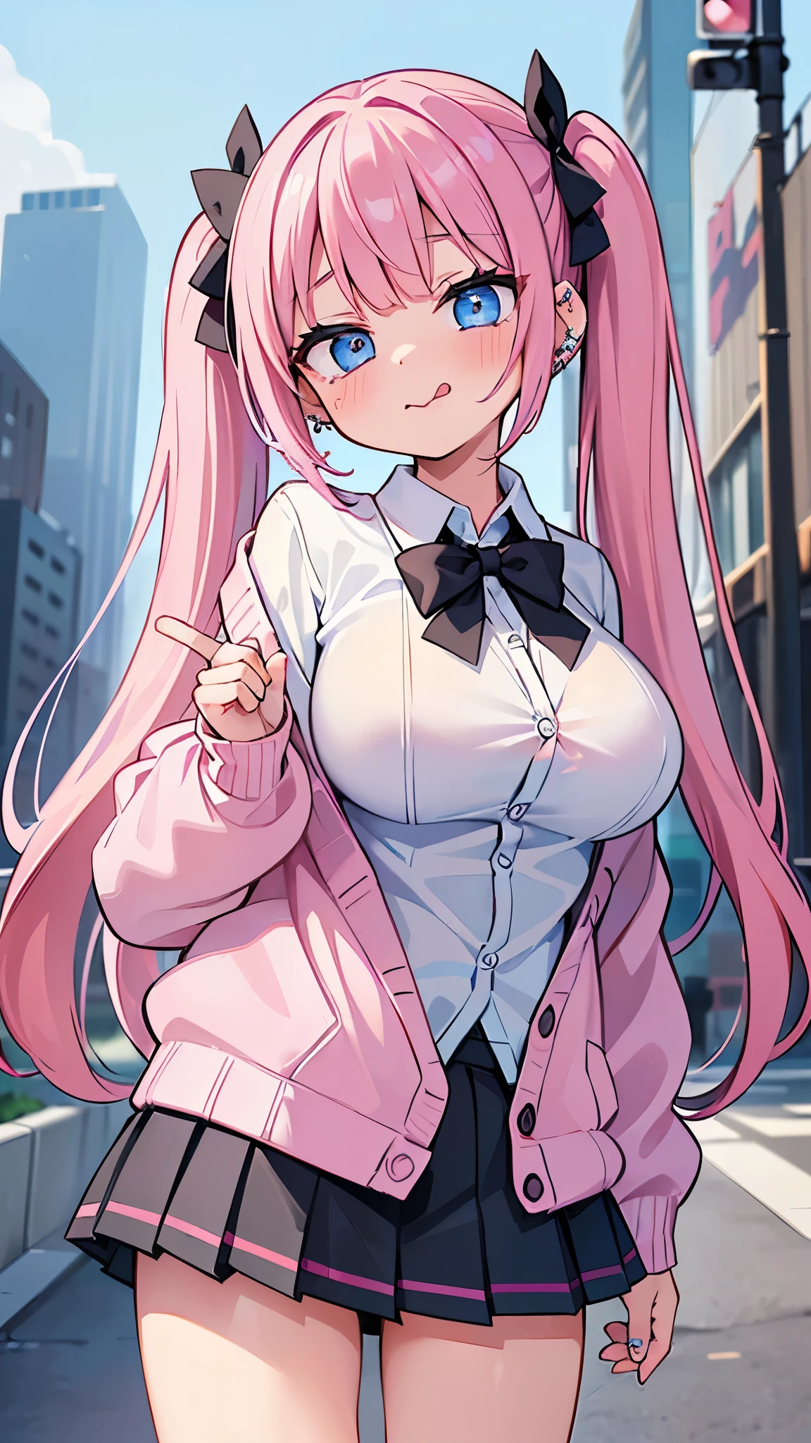 (masterpiece、Highest quality、Super detailed)、((One girl))、((Pink Hair))、((Twin tails))、((Light blue eyes))、blush、((Closed Mouth))、((Sticking out tongue))、((lots of piercings))、((Very large breasts))、((White collared shirt))、A bow tie、((cardigan))、((Black pleated skirt))、((micro miniskirt))、Cowboy Shot、Shoot from below、Downtown background

