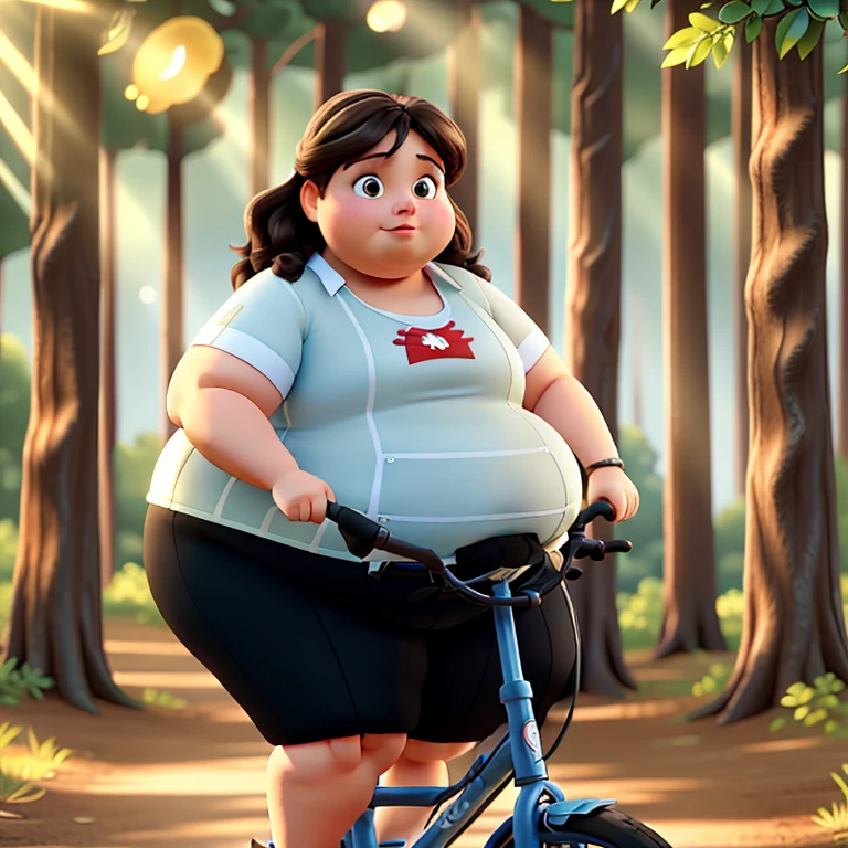 A brunette fat woman with a bicycle, illuminated by sunlight, against the backdrop of a forest