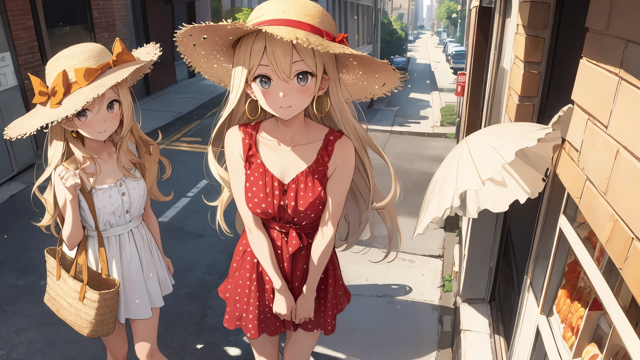 masterpiece, best quality,3girl,young girl, grapefruit eyes, ash blonde, long hair,unstable _face,shiny skin,flat chest,nice leg line:1.3,thick thighs, thin waist,, Red_polka_dot_wrap_dress, white_platform_espadrilles, woven_tote_bag, straw_hat, gold_hoop_earrings, cityscape,looking at viewer,from above:1.2,dynamic angle