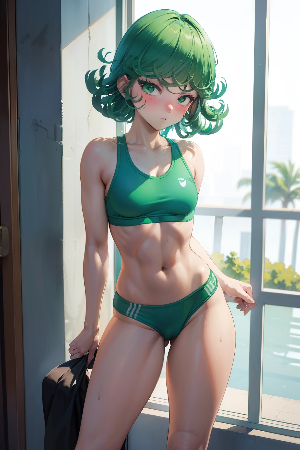 Tatsumaki ,1girl , anime , masterpiece  , green color hair  , sweat , sexy , sport bra , small  breasts , sexy,  dolphin shorts  , long socks , shy , blush , sexy body  , bodybuilding gym   . Standing . 