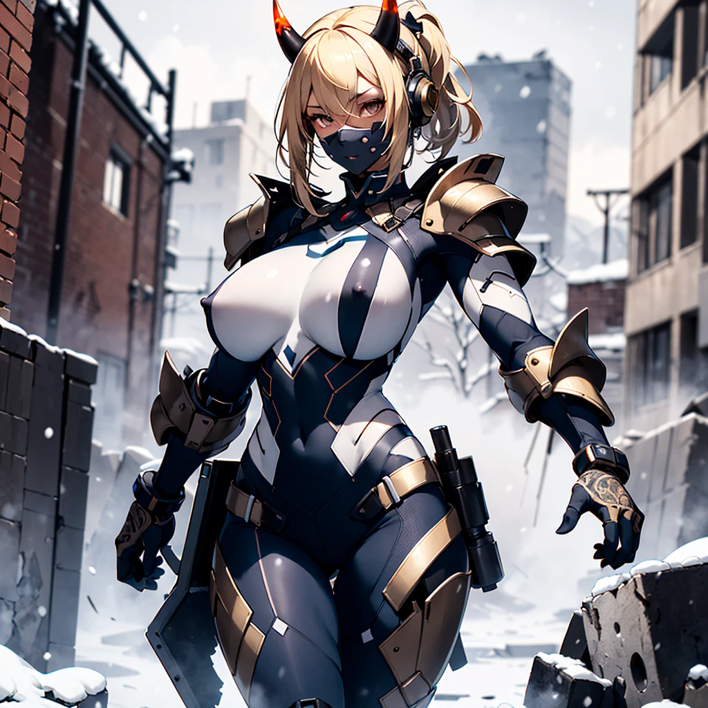 ((best quality)), ((masterpiece)), (detailed), 1girl, 8k_wallpaper, extremely detailed eyes, (large masterpiece digital art), (intricate details:1.3 ), (ultra-detailed:1.3), (sharp focus:1.3), (natural lighting:1.05), (vivid colors:1.3), (best quality:1.4), high quality, expressive eyes, full body, detailed face, beautiful face, perfect face, ((blonde hair)), (gold eyes), ((large blue horns)), {{dark skin}}, ({dark skinned female}), big breasts, huge chest, outlines of nipples under clothing, powerful strong and prominent muscles of the abdomen and legs, powerful arm muscles, dressed in heavy combat steel cyber close armor of a dark red steel color, a military radio hanging on her belt, she is dressed in heavy steel closed-type cyber armor, a heavy armored cyber exoskeleton, powerful armor covers her entire body, she stands on a winter evening in the middle of the ruins of the old city next to a fantastic cyber military against the backdrop of high snowy mountains, it is snowing,