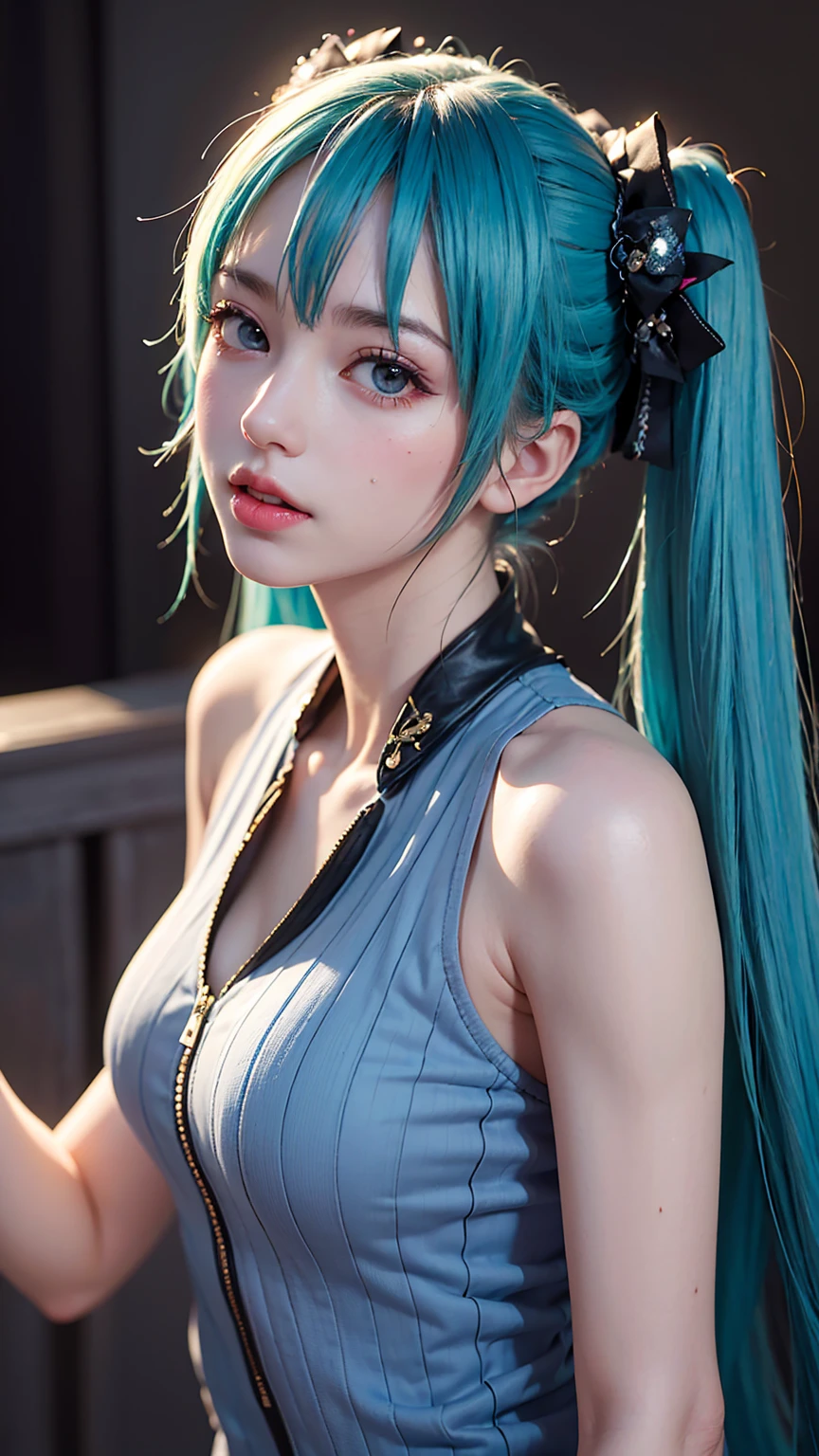 masterpiece,Game Art,Best picture quality,Maximum resolution,8k,(Upper Body,ambush),Unreal Engine 5 rendering works,Ray Tracing,RAW photos,(((Hatsune Miku Character))), (((Tosca Hair Color))), ((Long double ponytail hairstyle)), Enjoy the scenery, Focus on the Horizon, (((Perfect eyes))), (((Smile))), 21-year-old girl, Perfect body, (((Perfect anatomical structure))), Tosca Eye Color, Double eyelids, (((Small breasts))), Very detailed skin texture, (Realistic skin), Ultra-fine face, Delicate lips, (((Delicate eyes))), (((Double eyelids))), necklace, Moist skin, Wet hair, Simple background, (Front focus), (On the peaks:1.2), (((Night Atmosphere))), Deep Dark, Surrealist Portraits of Women by David Hockney and Alphonse Mucha, Fantasy Art, (((Photo-realistic))), ((Dynamic poses)), (((World Model Poses))), Dynamic Lighting, Art Station, poster, Volumetric Lighting, Very detailed faces, 4K, in the darkness, (((Night Atmosphere))), ((Deep Shadows)), Low profile, Cowboy shooting, (((Red long skirt))), Lighting Dress, (((Erotic lace dress))), (((stocking))),((3D Unreal Engine)),OC rendering reflection mode