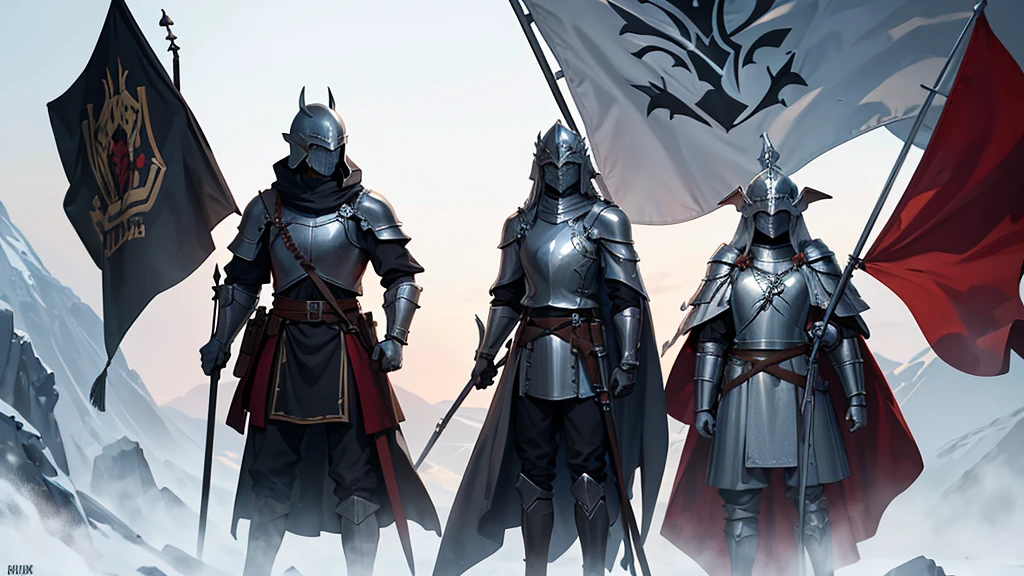 Elf in heavy armor, Closed helmet, cloak, flag, army in the background, overall plan, many soldiers in heavy armor and helmets with spears in their hands, paladin armor, in detail, march in formation, много flagов на фоне, spears on the shoulders of soldiers