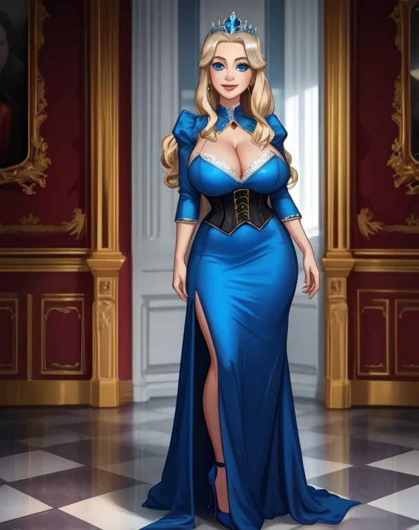 1girl,Scandinavian, 26 yo, princess,pale skin, blue eyes,long hair,hair bun,blonde hair, silver tiara, blue dress, corset. blue heels big breasts,huge bust,cleavage,smiling, royal palace, standing, (insanely detailed, beautiful detailed face, masterpiece, best quality) solo,