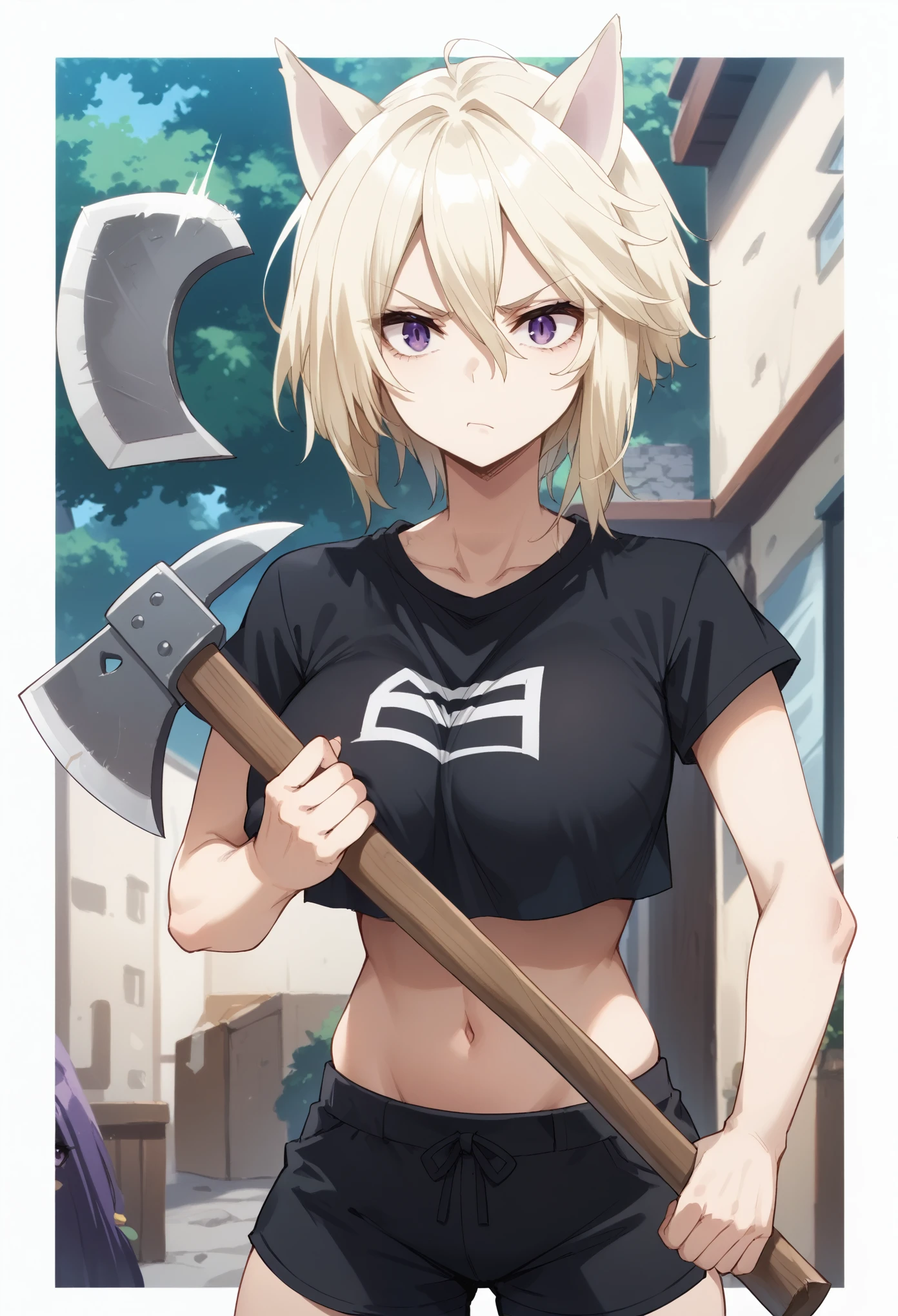 short hair,blonde hair,purple eyes,cat ears,big breast,black top,black shorts,,cleanched teeths,holding axe,annoyed,big breast
