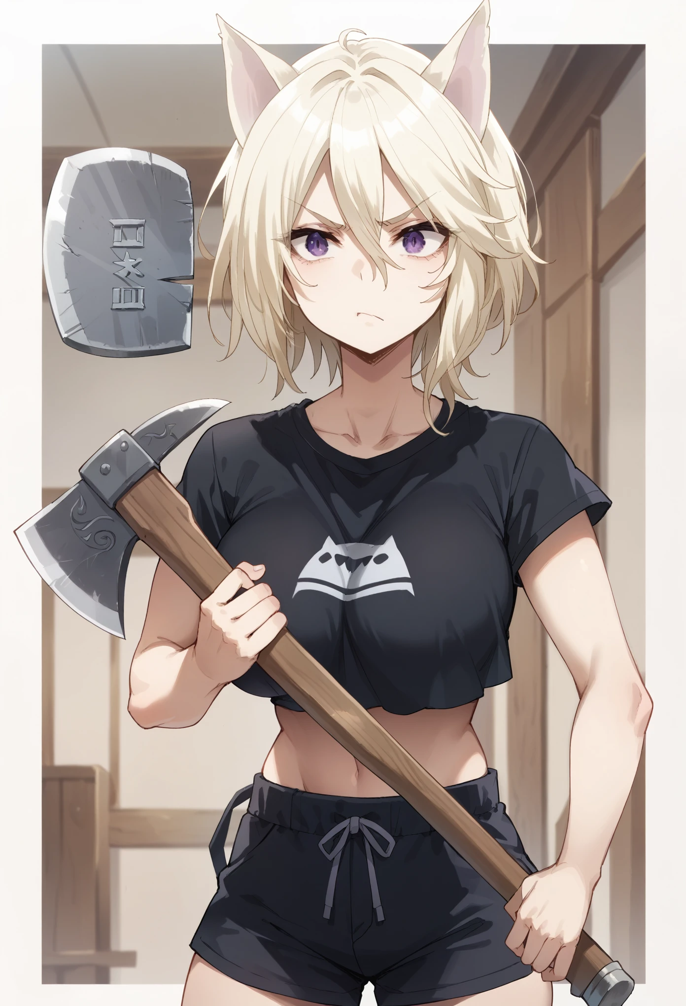 short hair,blonde hair,purple eyes,cat ears,big breast,black top,black shorts,,cleanched teeths,holding axe,annoyed,big breast
