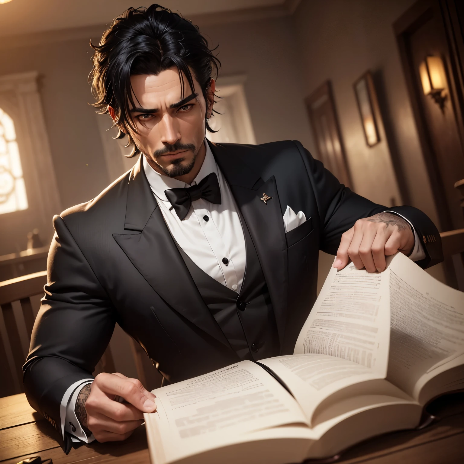 8k, masterpiece, best quality, realistic, higly detailed, 1human, male human, 40 years old human, male, solo, Garvinul, Brazilian features, dnd, d&d, dungeons and dragons, dungeons & dragons, rpg, ttrp, handsome man dressed in a butler uniform. He has a mop of neatly combed black hair and tattoos of unknown design above his left eye and under his right eye. He wears white gloves and has a small mole on the right side of his chin.
