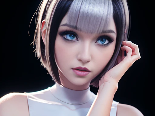 3D Digital Art Masterpiece, cute girl with asymmetrical face, blue eyes white skin eyeliner, slim full body 2d hair short bob style with bangs, dark makeup, perfect detailing on hands and body, full HD image portrayed full body