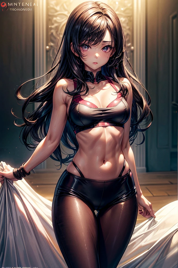((highest quality)),(ultra high resolution),(Super detailed), (best work of art), (ung girl:1.5), beautiful and well-shaped face:1.5,(Beautiful skin with precise and detailed depiction:1.6),(sports bra and waist band nylon shorts ),gorgeous, masterpiece, best quality, high-resolution, finely detailed, extremely detailed and beautiful, distinct-image, hourglass figure,, 1 girl, 18 year old teen, solo, sharp facial features, oval shaped face. cherry red lips,. velvet-colored eyes, C-cup breasts, tall height(175cm), slim curves, toned body type, flowing waist length dark violet-black hair, small narrow waist, long and slender legs, curvy wide hips, modern gym setting, lightly tanned white skin