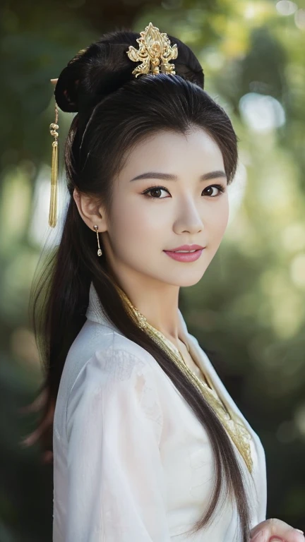 Front view,  standing pose,  Full-body, on palace Garden, Chinese girl, 21 century, looking at viewer, beautiful Chinese  Young General, 26 years old, (Highly detailed face, Ordinary eyes,  Tapered eyebrows, Brown  eye, Variegated eyes, Fuller lips, little Lips, smile),(gold earning, white pearl neck less ),shoes,  sunset ,(masterpiece, Highest quality, masterpiece, God-like quality, Godly art, , Very realistic)