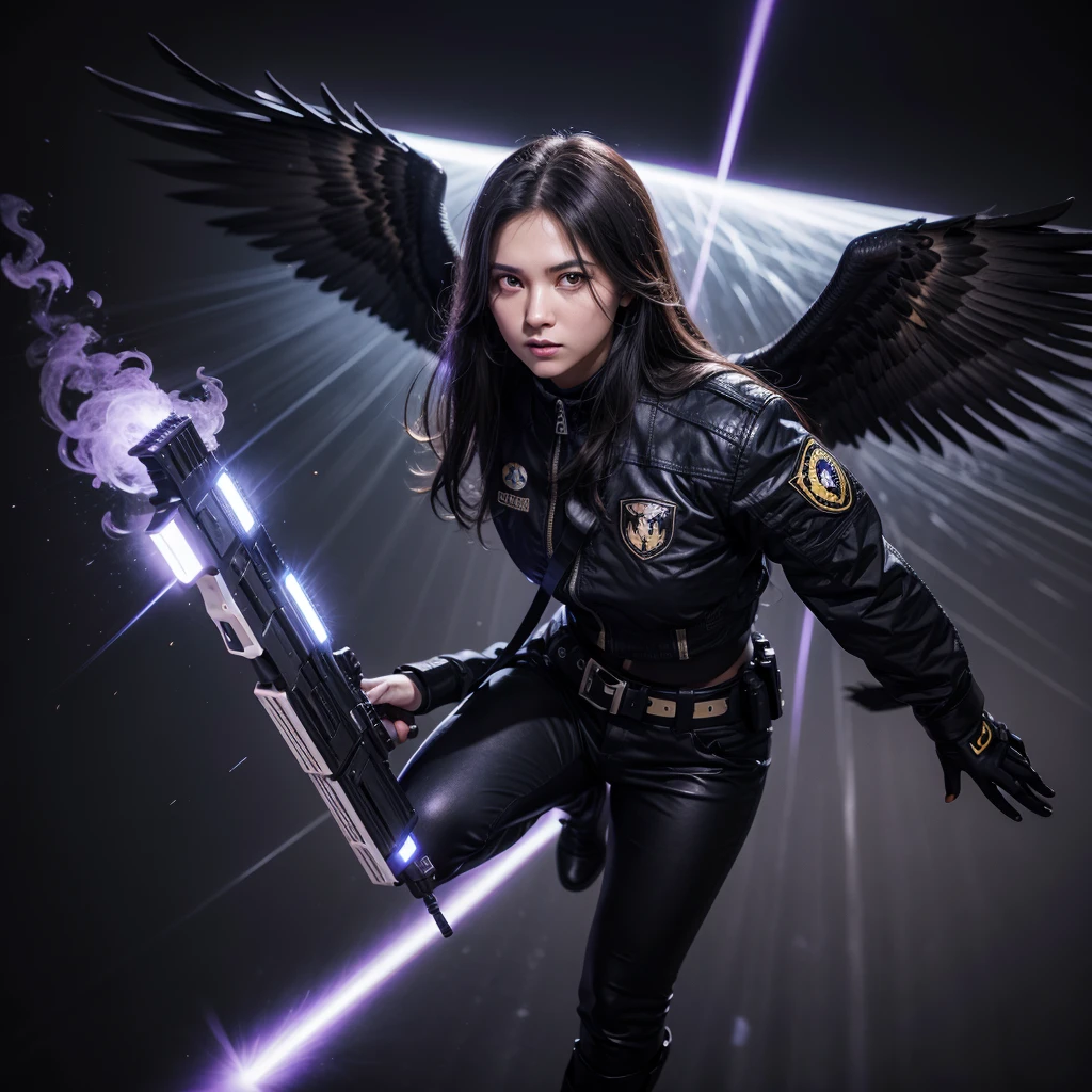 Black and golden eagle with white eyes shooting out rays, holding a purple and blue gun