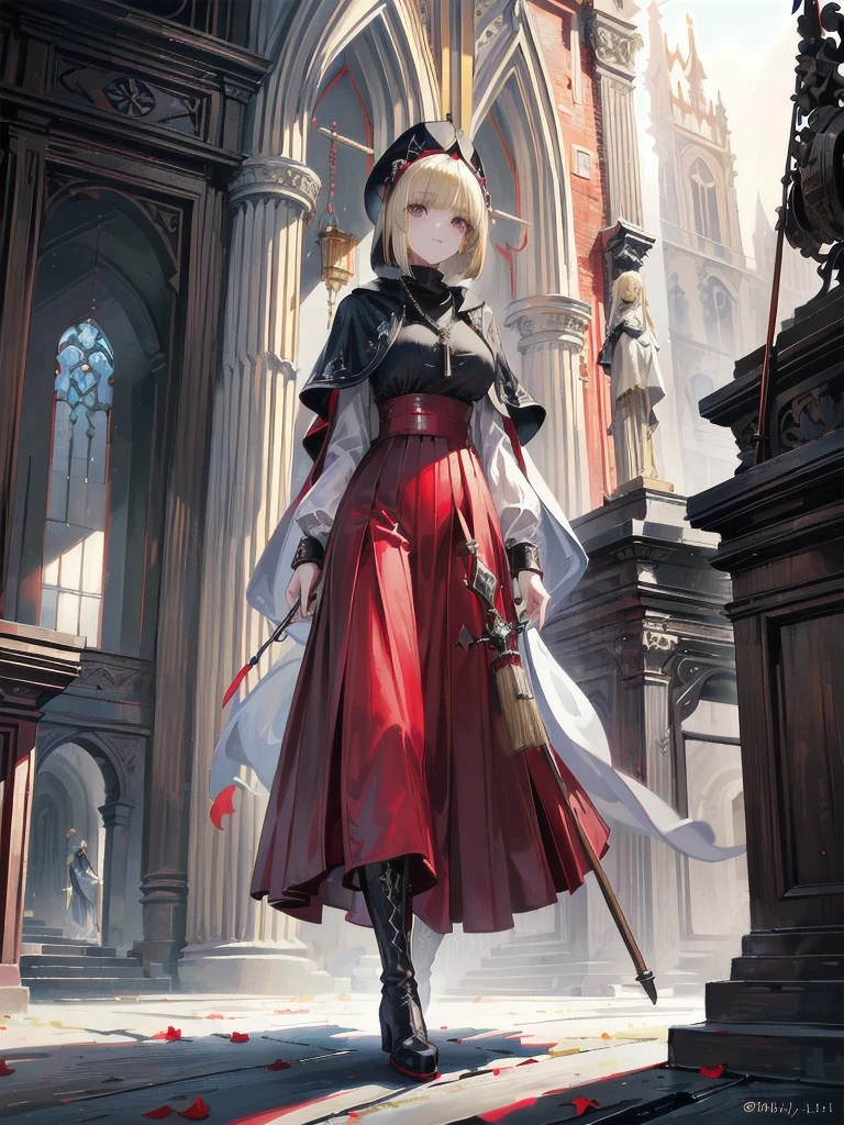 masterpiece, super detailed, 8K portrait, RAW photo, portrait photography, highly detailed face, beautiful and detailed eyes, ((fantasy)), young and beautiful, dynamic pose, kind face, smile, (((long bob blonde hair, bangs))), ((priest)), white skin color, simple and simple girl, Wooden Necklace, Clergy's hat, (((long cloak))) fluttering in the wind, (((dark dull red oversized priest tunic))), (((long skirt)), (((Low boots))), ((holding a long wooden cane)), Large shoulder bag, midday sun, surreal, body model, big breasts, beautiful breasts, long legs, in the crowd, environmental lighting, shadow details , Focus the camera on the thigh, strong wind, light fog