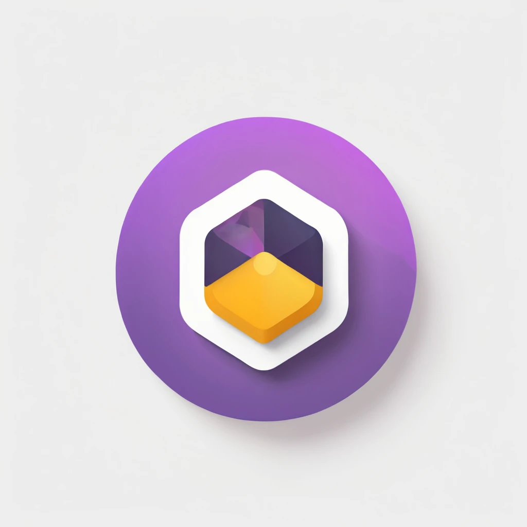 image quality: best quality, masterpiece, super detail, ccurate, high quality, highers, 4k, 8k, Logo Types: logo, icon, badge, Background: light Background, white Background, simple Backgroun, Style: 3d, Minimalistic, techy, outlined, Details: geometric shape, website, web designer, web developer, simple symbol, programming, white Background, Logo Colors: Purple and Yellow, Logo Font: Basel-IT