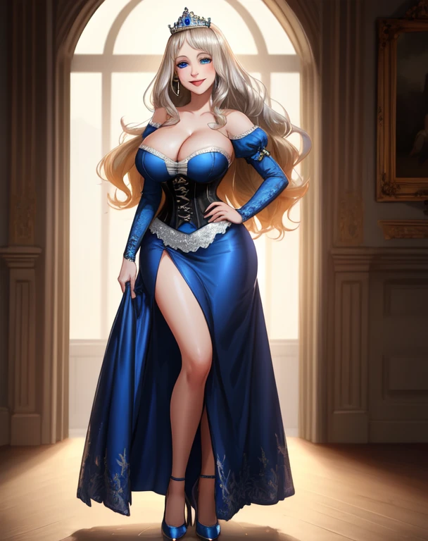 1girl,Scandinavian, 26 yo, princess,pale skin, blue eyes,long hair,hair bun,blonde hair, silver tiara, blue dress, corset. blue heels big breasts,huge bust,cleavage,smiling, royal palace, standing, (insanely detailed, beautiful detailed face, masterpiece, best quality) solo,