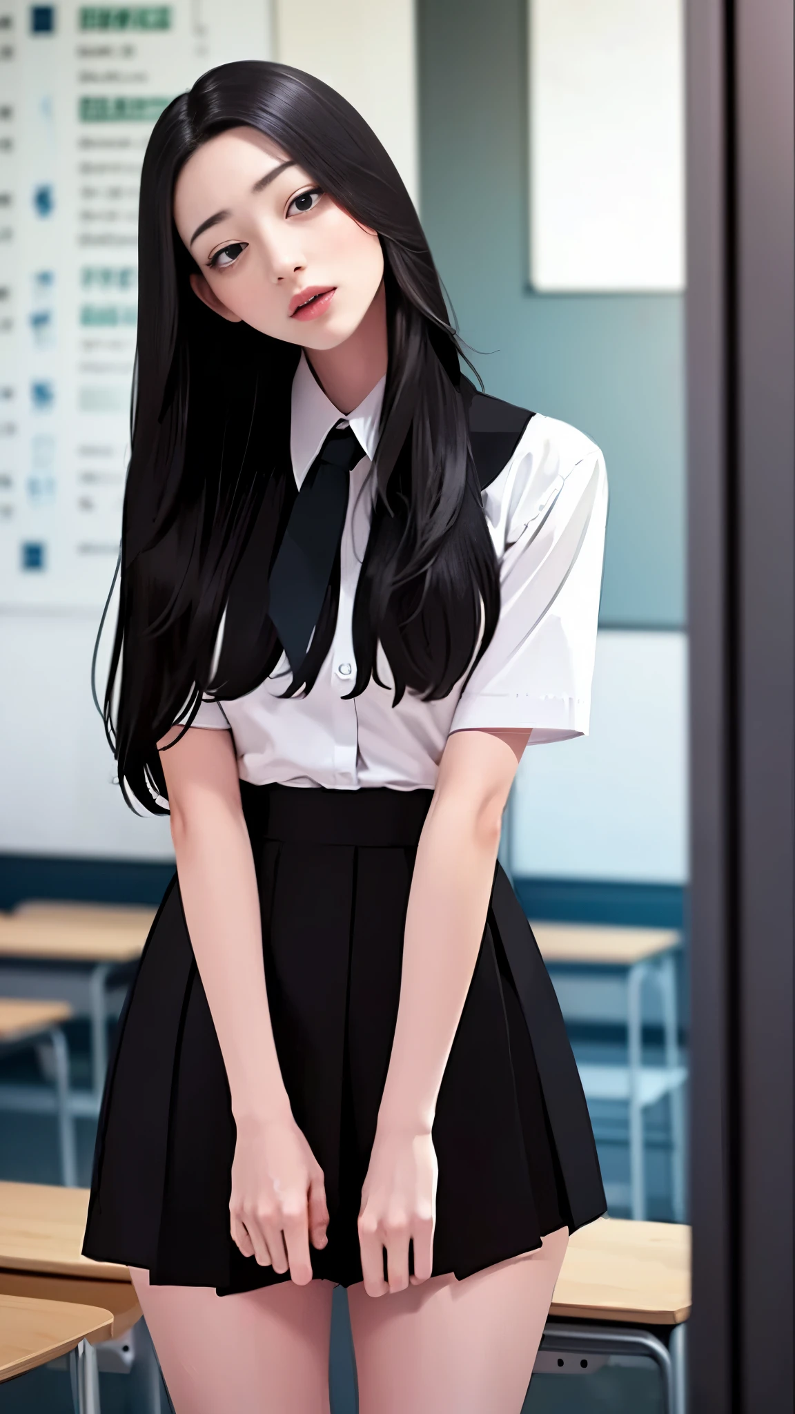 ((masterpiece, Highest quality)), (One girl), (alone), (Focus on women), (Very long hair), lureする笑顔, Open your mouth, ((White shirt), (Buttoned shirt), (Gap Button)), ((Black Skirt), (Short skirt)), Are standing, White Background, Put your arms behind your back, Dynamic Angle、female teacher:1.5、classroom、after school、夜薄暗いclassroom、Squint your eyes、Lift the corners of your mouth、blush、lure、Realtic、Realistic