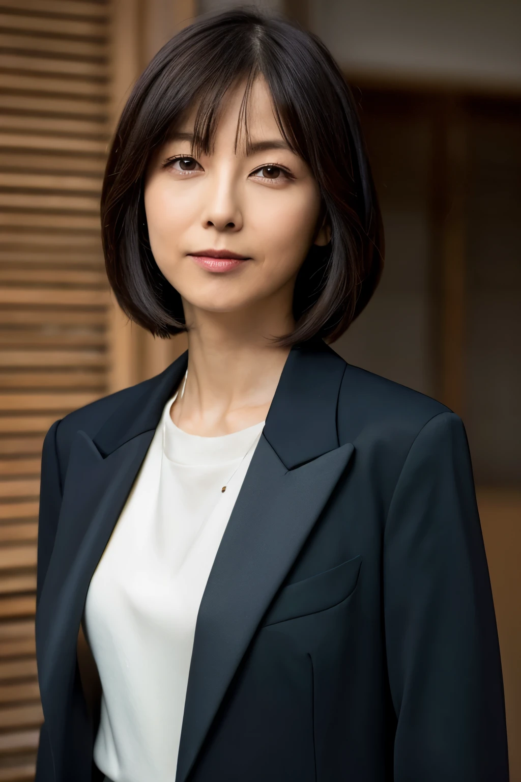 Skinny Japanese woman, 30 years old, Small build, Slit eyes, Fleeting atmosphere, Black Bob Hair, ((Thin lips)), ((Shiny Rubber Suit)), Mastepiece, Best Quality, Detailed skin, Detailed eyes, Detailed face,8K, Good anatomy, Upper body portrait