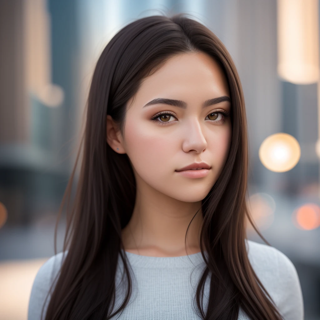 a professional portrait photo of a 18 year old woman, with light brown eyes, black hair, highly detailed features, city bokeh background, dglatte, perfect eyes,light brown skin texture 