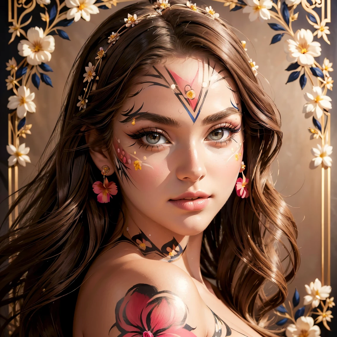 NSFW, (masterpiece, best quality:1.5), ultra detailed, high resolution, 16k, the most beautiful face in the world, perfect face, delicate facial features, highly detailed beautiful face and eyes, shiny skin, highly detailed background, elaborately designed, fine cloth texture, BREAK, (gorgeous and stunning teenage princess in gorgeous and luxurious princess dress:1.2), perfect make-up, eyeshadow, lash extensions, rouge, deeply in love, full of elegance, (floral pattern face paint:1.6), (full body:1.8), (three view drawing, front and back and side, character sheet:1.3)