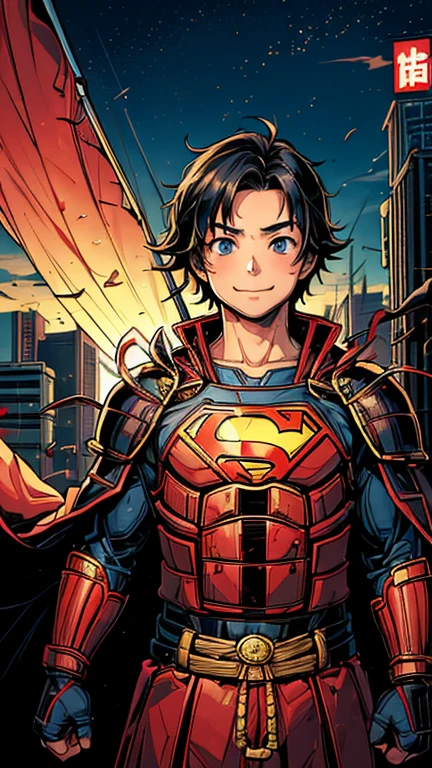 (8k),(masterpiece),(Japanese),(13-year-old boy),((innocent look)),((Childish)),From the front,Cowboy shot, upper body, smile,cute,Innocent,Kind eyes,Flat chest, DC Superman superhero, red cape, short,Hair blowing in the wind, Black Hair,Strong wind,midnight,dark, pitch black,samurai armor Metropolis City,