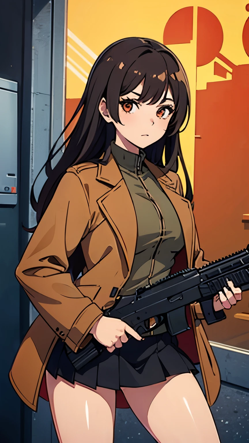 1girl, brown jacket, orange and red ornament, gun