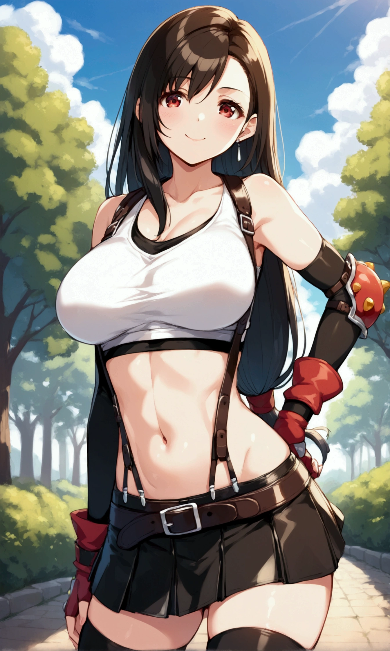 (score_9
score_8_up
score_7_up
score_6_up
score_5_up
score_4_up
source_anime),,BREAK ,straight-on,,breast view, standing,.. upperbody,,Solo ,1girl, tifa lockhart, final fantasy, tareme,black hair, low-tied long hair, red eyes, bangs, (white tank top, belt, pleated skirt, thighhighs, elbow fingerless gloves, elbow pads, midriff, navel,suspender skirt) ,(large_breast),hunging breasts,light smile,,outdoor,ultra detailed,(best quality),(aesthetic,very aesthetic),,amazing quality,,detailed face and eyes and body,Shiny bare skin,skin tight,depth of field,