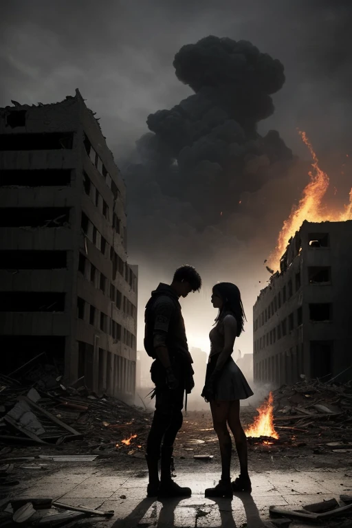 bottom:
A post-apocalyptic landscape with a ruined city, collapsed buildings and a grayish atmosphere. The sky could be covered with dark clouds or floating ashes to give a feeling of desolation and chaos.
Central Elements:
Alex and Maya siblings : Spotlight, Alex and Maya can stand together, with determined and serious expressions. Alex could have a protective stance, while Maya shows determination and strength. Both could wear worn, warrior-style clothing., with scars and signs of battle.
A Flame or Flame of Hope: A faint flame or light in the background could symbolize hope and resilience in the midst of darkness.. This could be behind the characters or at their feet, symbolizing their fight for freedom.
Additional Details:
Elements of the Elite: Subtle details may appear in the background, as symbols of elite rule or imposing structures, to indicate the oppressive control that the protagonists face.
Effects of Ashes: Ashes floating in the air or scattered on the ground to reinforce the post-apocalyptic atmosphere.
Typography:
Title and Author: Title, Between Shadows and Ashes, could be in a bold and modern font, with worn or partially destroyed letters to reflect the ruined world. The author's name could be in a simpler, elegant font at the bottom or top of the cover.
Color Palette:
Dark, dull colors like gray, dark blacks and blues to convey the somber and desolate atmosphere of the book, with touches of orange or red for the flame or light of hope.